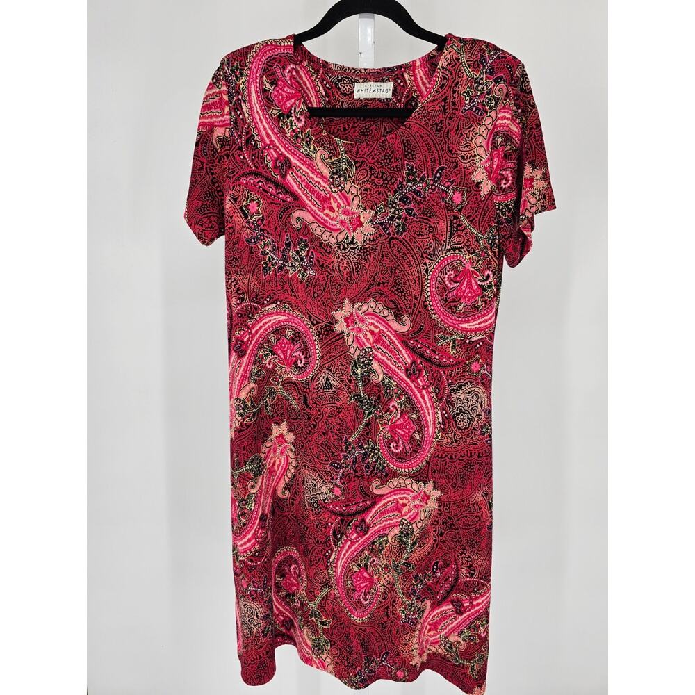 White Stag Womens Sz L Midi Length Dress Pink Paisley Print Slinky Short Sleeve